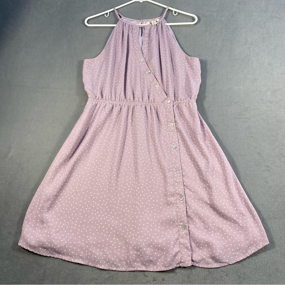 Francescas Mi Ami Women’s Lavender Polka Dot Button Up Sleeveless Halter Dress,L